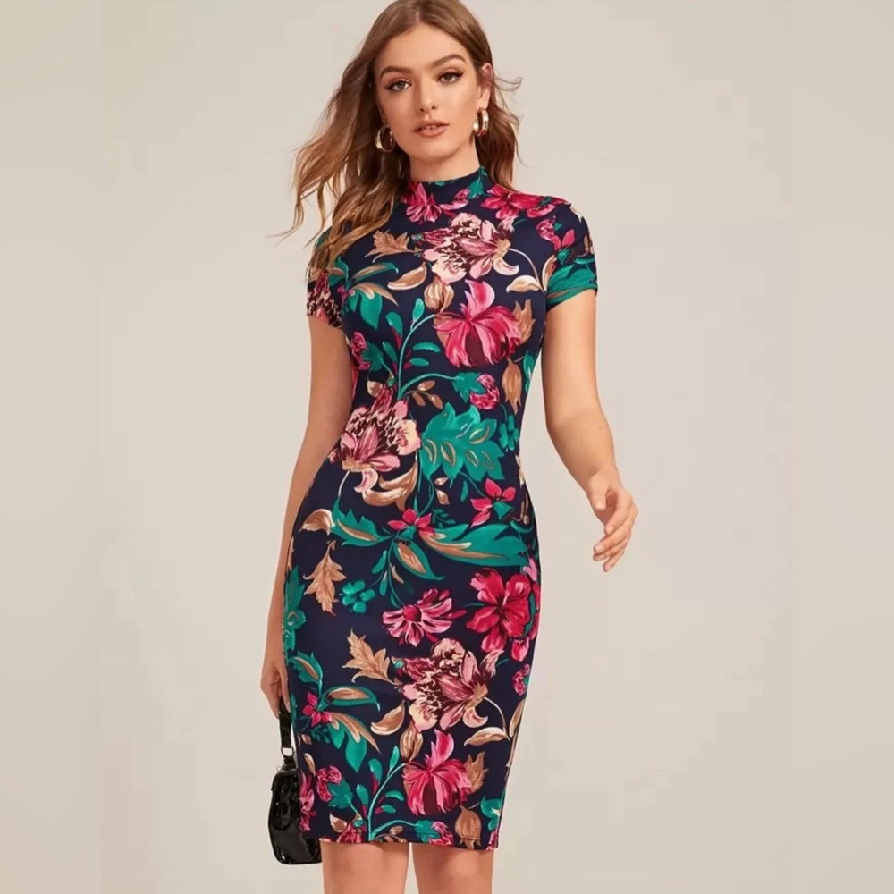 ‼️SOLD‼️ 107. NWOT! SHEIN Clasi Floral Print Mock Neck Bodycon Midi Dress Blk
